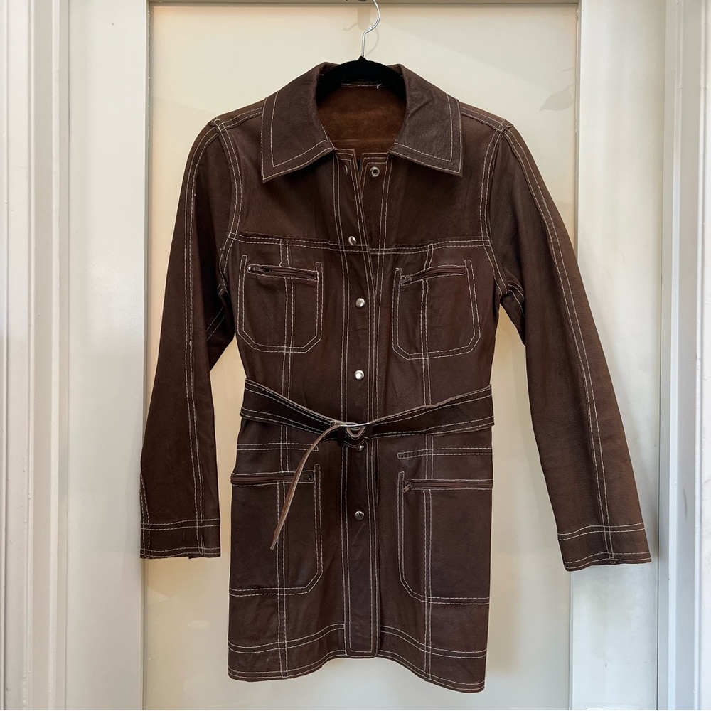 Vintage Suede Belted Duster Jacket w/ Contrast Stitching